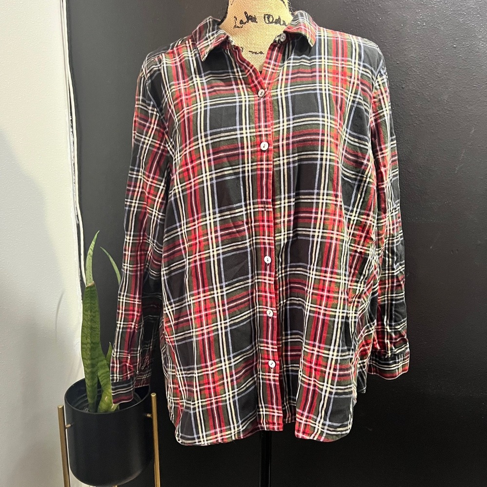 J Jill Womens Plaid Button Up‎ Shirt XL Petite Holiday Christmas Preppy Casual